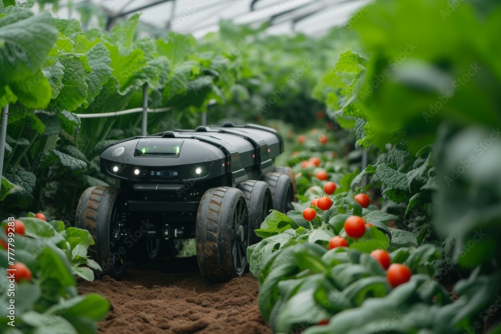 Poster modern farm with robots. background with selective focus and copy space