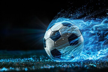 A soccer ball is on a field with a blue and white background