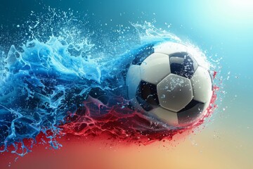 A soccer ball is in the air with water splashing around it