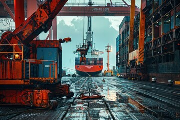 Equipo de construcción pesado en el puerto de buque de expedición de carga - obrazy, fototapety, plakaty