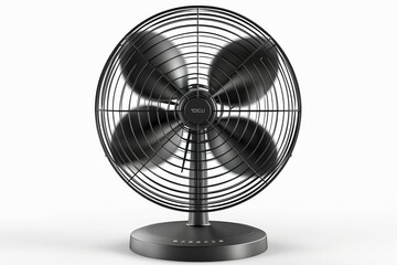 A black fan with four blades sits on a white background. Summer heat concept