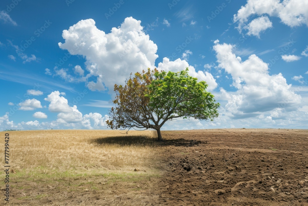 Poster tree in drought concept. climate change and environmental problems. background with selective focus