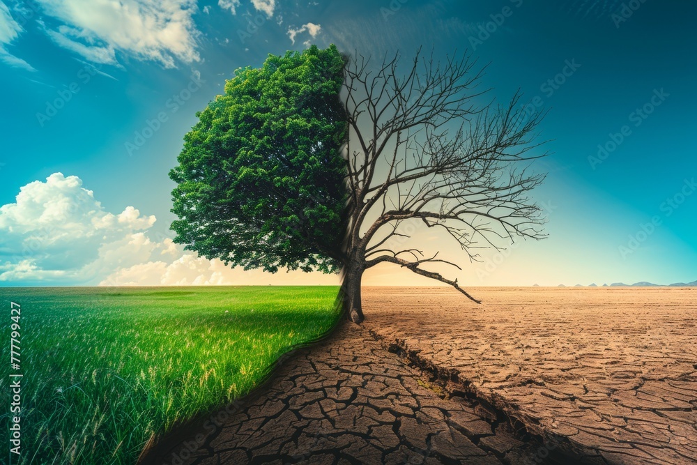 Poster tree in ecology and drought concept. climate change and record heat. background with selective focus