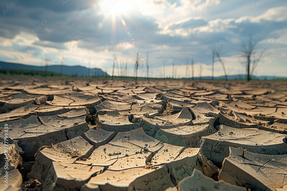 Poster cracked soil in drought concept. record summer heat. background with selective focus and copy space