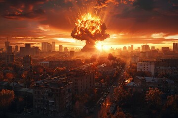 A city is shown with a large explosion in the middle of it