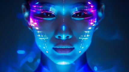 A Thai model's face is lit with holographic stickers, creating a mesmerizing vision of future beauty.
