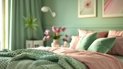 Comfortable bed with soft pillows in modern room, closeup
