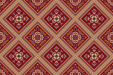 Geometric ethnic oriental seamless pattern on red background vector illustration.floral pixel art concept