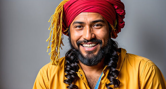 A man with long hair and a red turban smiling at the camera.