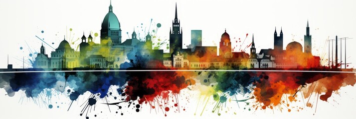 An abstract watercolor painting depicting a lively European cityscape with a striking mix of colors, showcasing the vibrant essence of urban life. Panoramic Composition.