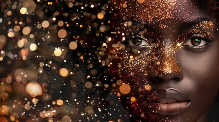 Glitter and gold dust artistically adorn a Brazilian model's face, her bold eyes shining like constellations against the night sky.