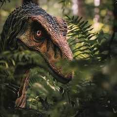 Prehistoric Dinosaur Peering Through Lush Greenery in Natural Habitat
