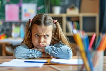 A girl is sitting at a desk with a blue shirt on and a frown on her face