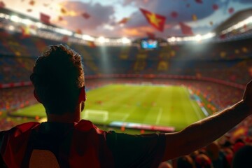 A man is standing in a stadium watching a soccer game. Football fan celebrating a goal or victory - obrazy, fototapety, plakaty