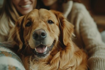 The dog is a beloved family pet. Background with selective focus and copy space