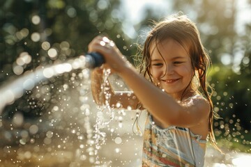 A young girl is playing in the water, holding a hose and smiling
