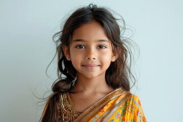 A young girl with long brown hair and gold jewelry is smiling for the camera