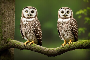 Two owls perched on a tree branch, looking at each other.