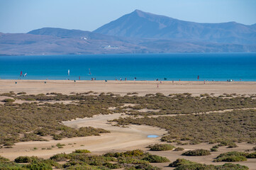 Sandy dunes and turquoise water of Sotavento beach, Costa Calma, Fuerteventura, Canary islands, Spain in winter