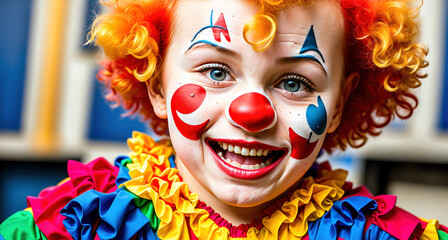 A young girl wearing a red and white clown costume with a red nose and red hair. - obrazy, fototapety, plakaty