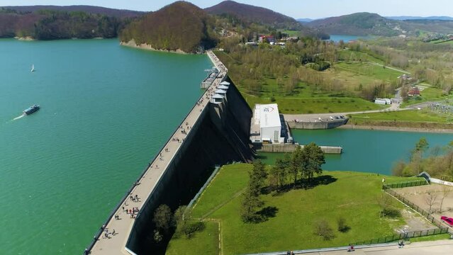 Water Dam On Solina Lake Bieszczady Mountains Aerial View Poland