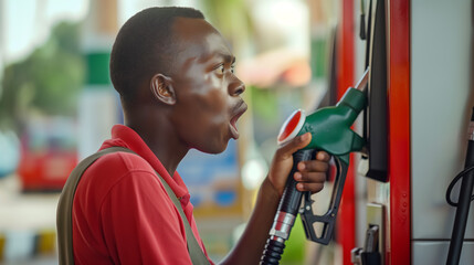 Black African man shocked upon seeing the high price of fuel at gas station, man surprised at cost of petrol, diesel, lpg, filling, hike, expensive, astonished, angry, nozzle