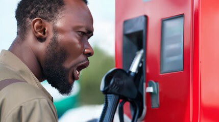 Black African man shocked upon seeing the high price of fuel at gas station, man surprised at cost of petrol, diesel, lpg, filling, hike, expensive, astonished, angry, nozzle
