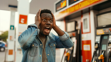 Black African man shocked upon seeing the high price of fuel at gas station, surprised at cost of petrol, diesel, lpg, filling, hike, expensive, astonished, angry, inflation, frustrated, hands on head