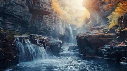 A cascading river carving its way through rugged canyon walls, a testament to the power and persistence of nature's forces. - obrazy, fototapety, plakaty