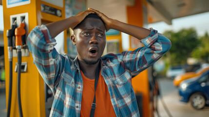 African man shocked upon seeing the high price of fuel at gas station, surprised at cost of petrol, diesel, lpg, filling, hike, expensive, astonished, angry, inflation, frustrated, hands on head, fear