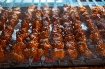 Turkish mixed grill meat, chicken wings, lamb, beef shashlik, kebab cooking on charcoal grill in restaurant