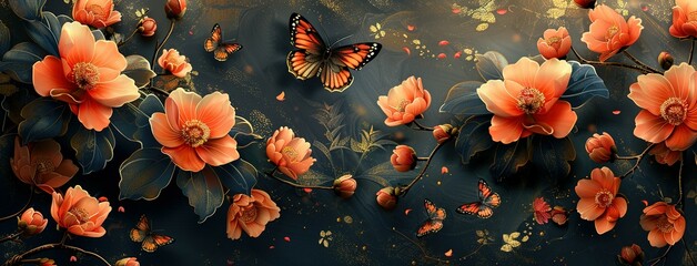 Luxury gold oriental style background vector. Chinese and Japanese wallpaper pattern design of elegant butterflies and peony flower with gradient gold line texture. Design for decoration, wall decor
