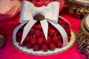 Italian sweet dessert pastry dolce and cakes with cream and fruits on display in artisanal bakery in Milan, Italy