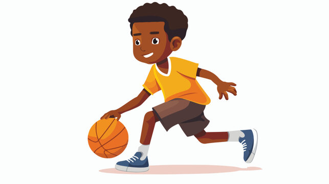 Cartoon African American boy playing basketball flat