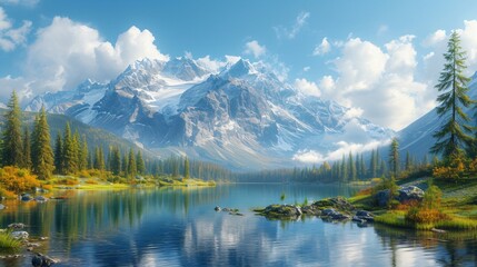 Fototapeta na wymiar Beautiful natural landscape with high mountains, blue sky and river