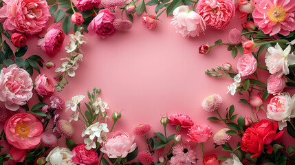 Floral Frame of Peonies and Roses on Pastel Pink, Botanical Border Design