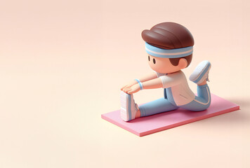 3D Boy doing stretching exercises on a pink exercise mat, wearing a light blue sweatshirt, a white t-shirt, and a headband. Ample space for copy, pink background