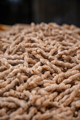Italian food, dried handmade colorful pasta  with walnuts, ready to cook, Milan, Lombardy, Italy