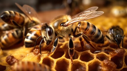 the queen (apis mellifera) marked with dot and bee workers around her - bee colony life AI generated - obrazy, fototapety, plakaty