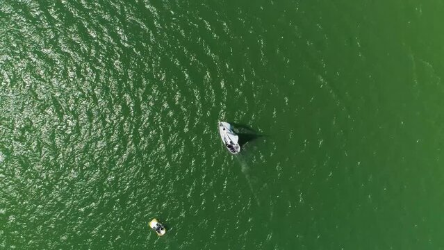 Top Down Boat At Solina Lake Bieszczady Aerial View Poland