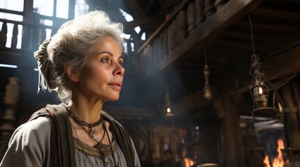 Obraz premium A woman with an old-fashioned gray wig looks away confidently in an old wooden house with a cozy fireplace and a charming balcony, exuding timeless elegance and sophistication.