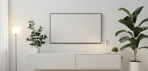 A minimalist TV cabinet with a TV mockup displaying a white screen, accompanied by a small potted plant and a sleek lamp, against a white wall background - obrazy, fototapety, plakaty