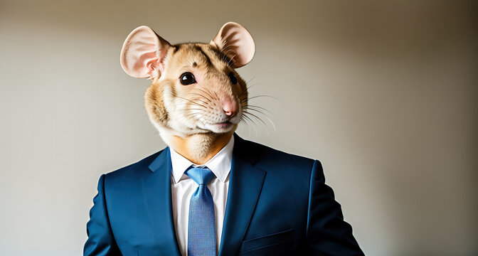 A man wearing a suit and tie holding a mouse in his hand.