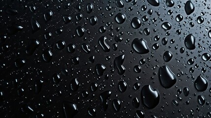 Condensation water drops on a dark glass texture background. Shower or rain droplets, pure aqua blobs. Top view