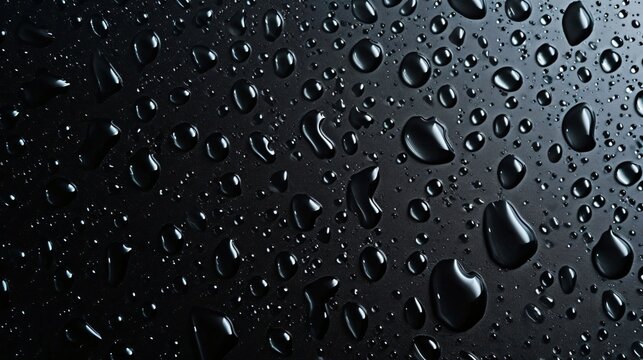 Condensation water drops on a dark glass texture background. Shower or rain droplets, pure aqua blobs. Top view
