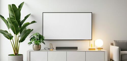 A stylish TV cabinet with a TV mockup displaying a white screen, accessorized with a lush green plant in a pot and a sleek lamp, against a crisp white wall background - obrazy, fototapety, plakaty