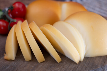 Cheese collection, Italian cheese scamorza, caciocavallo, provolone made from cow milk in South...