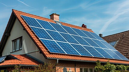 Fototapeta premium House with solar panels on the roof. Sustainable and clean energy at home