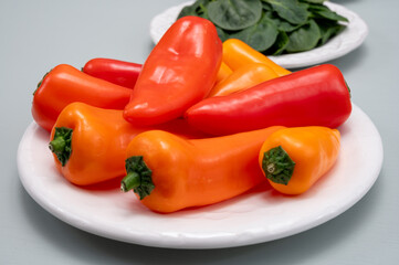 Fresh red, orange, and yellow sweet bell paprika close up
