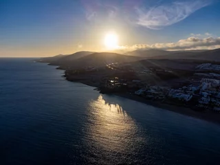 Fototapete Strand Sotavento, Fuerteventura, Kanarische Inseln Aeriav view on sandy dunes, beach and Costa Calma, Fuerteventura, Canary islands, Spain in winter on sunset